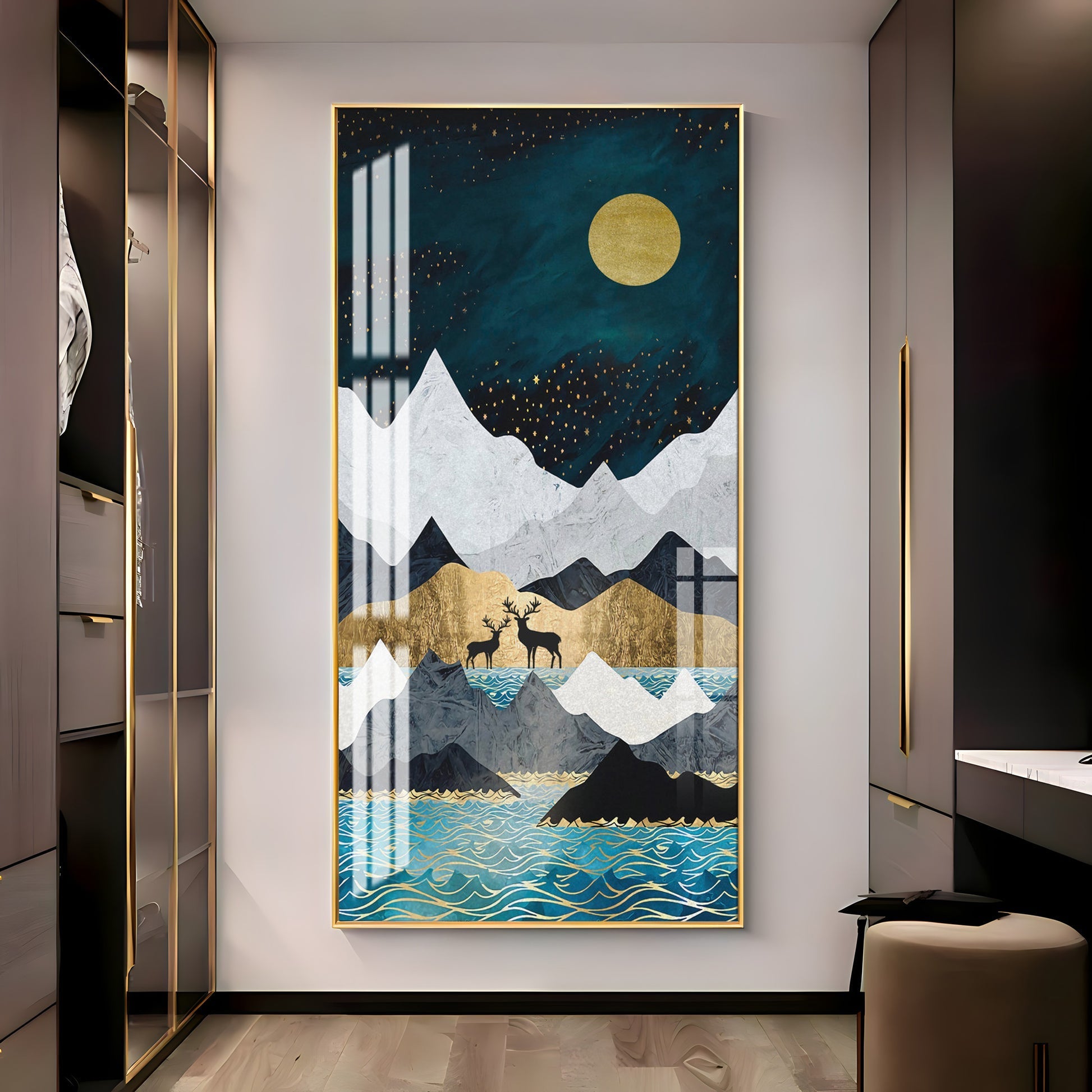 Abstract Nature Scene Acrylic Wall Painting with Blue Waves and Gold Accents