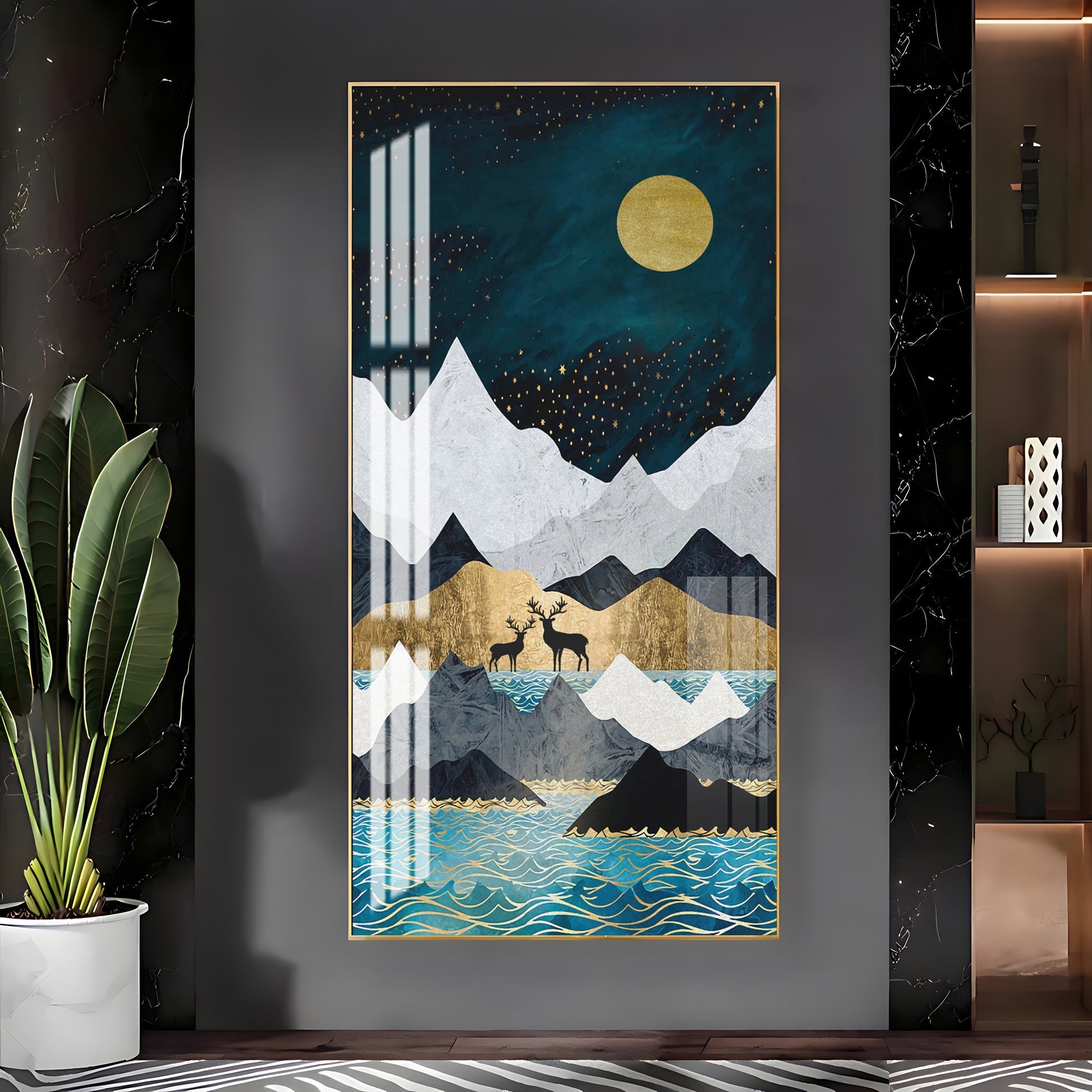 Abstract Nature Scene Acrylic Wall Painting with Blue Waves and Gold Accents