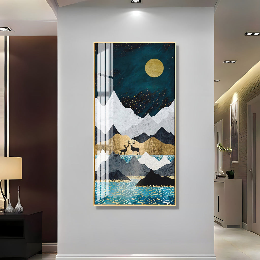 Abstract Nature Scene Acrylic Wall Painting with Blue Waves and Gold Accents