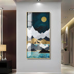 Abstract Nature Scene Acrylic Wall Painting with Blue Waves and Gold Accents