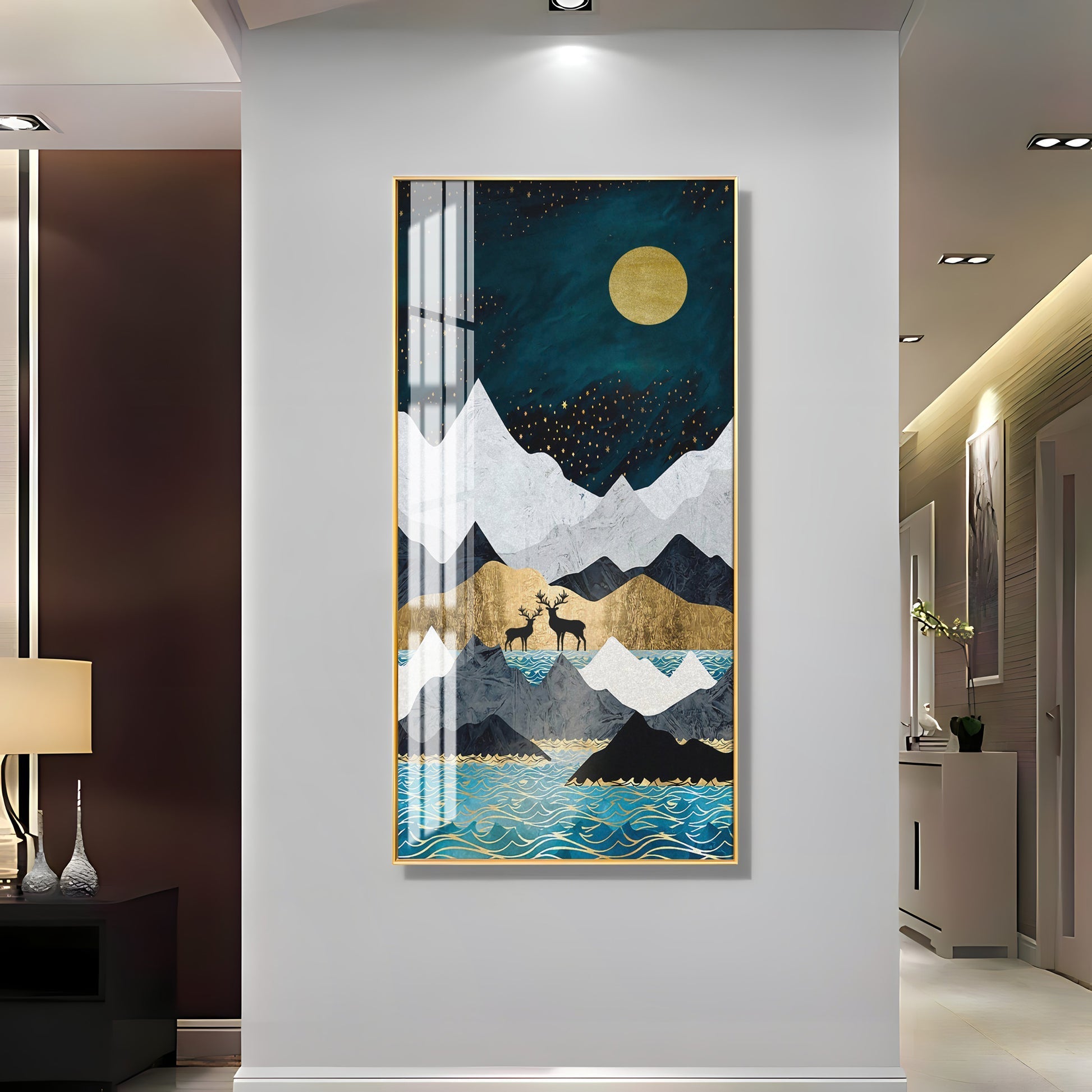 Abstract Nature Scene Acrylic Wall Painting with Blue Waves and Gold Accents