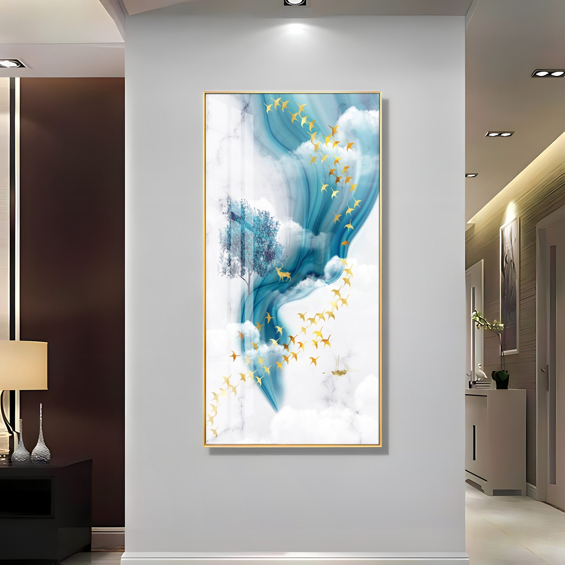 Dreamy Abstract Sky Acrylic Wall Painting with Golden Birds and Blue Flow