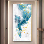Dreamy Abstract Sky Acrylic Wall Painting with Golden Birds and Blue Flow