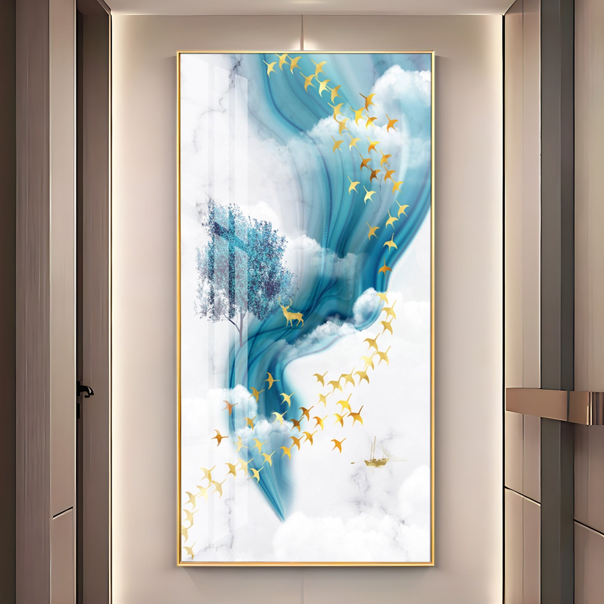 Dreamy Abstract Sky Acrylic Wall Painting with Golden Birds and Blue Flow