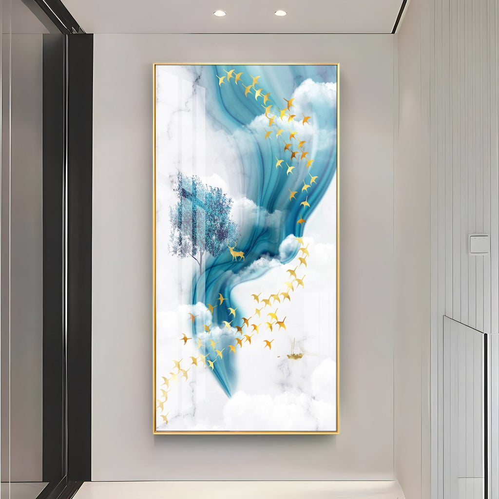 Dreamy Abstract Sky Acrylic Wall Painting with Golden Birds and Blue Flow