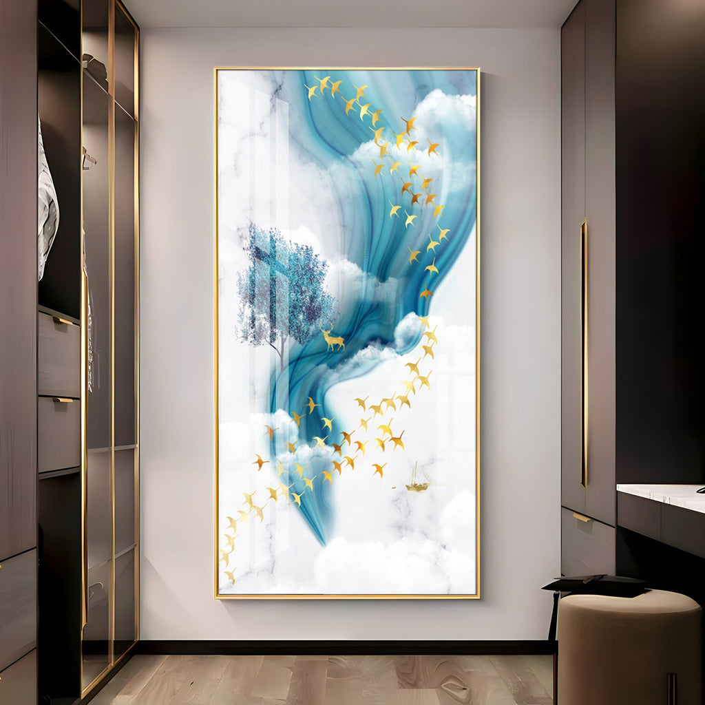 Dreamy Abstract Sky Acrylic Wall Painting with Golden Birds and Blue Flow