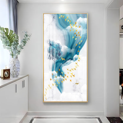 Dreamy Abstract Sky Acrylic Wall Painting with Golden Birds and Blue Flow