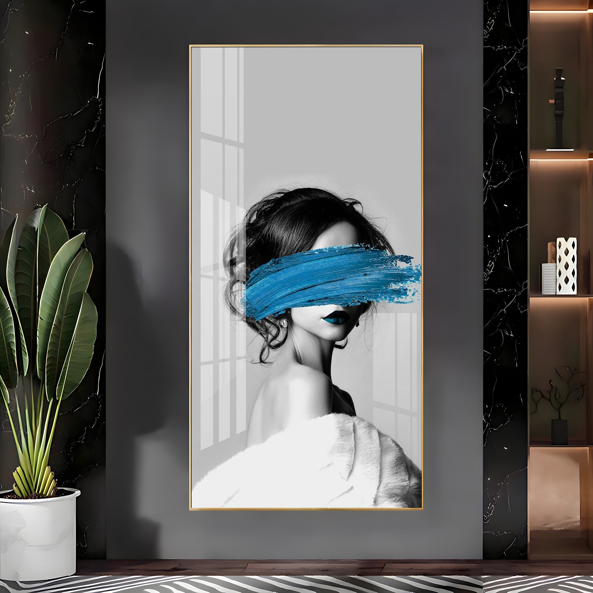 Elegant Black and White Acrylic Wall Painting with Artistic Face Concept