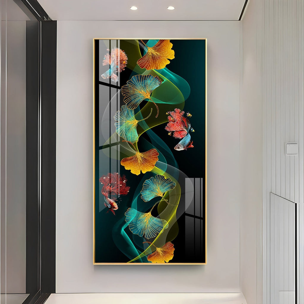 Elegant Abstract Nature Acrylic Wall Painting with Colorful Leaves and Fish