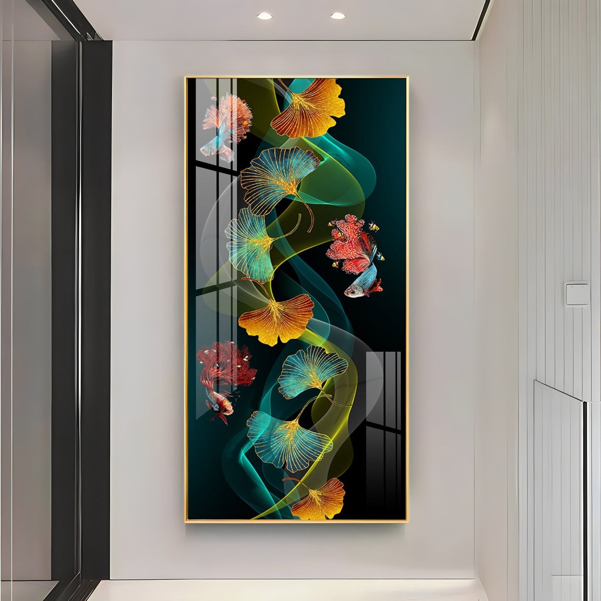 Elegant Abstract Nature Acrylic Wall Painting with Colorful Leaves and Fish