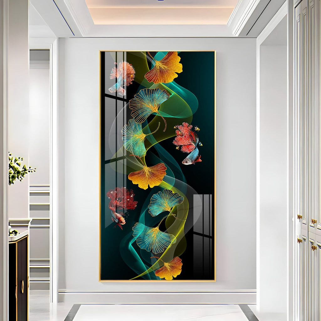 Elegant Abstract Nature Acrylic Wall Painting with Colorful Leaves and Fish