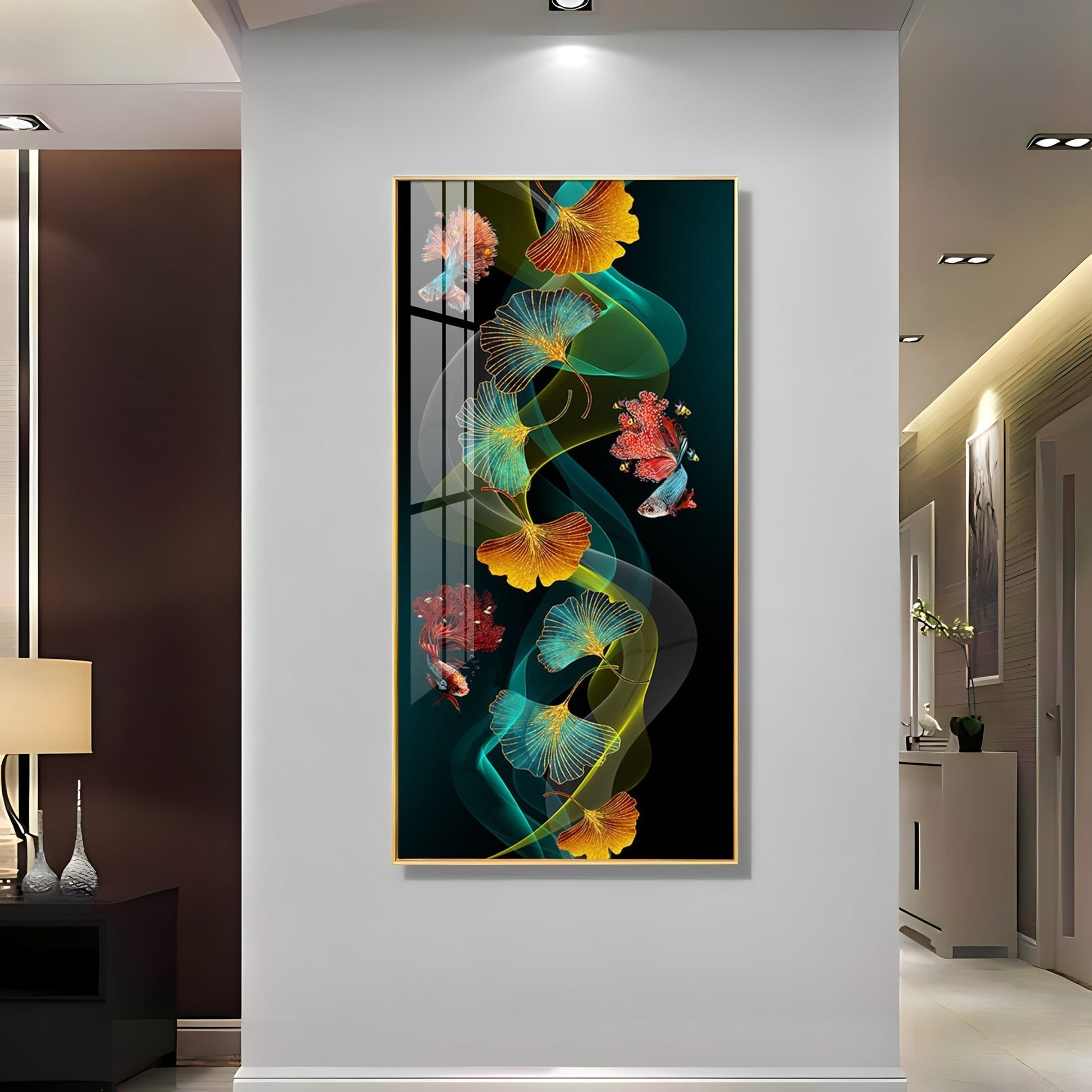 Elegant Abstract Nature Acrylic Wall Painting with Colorful Leaves and Fish