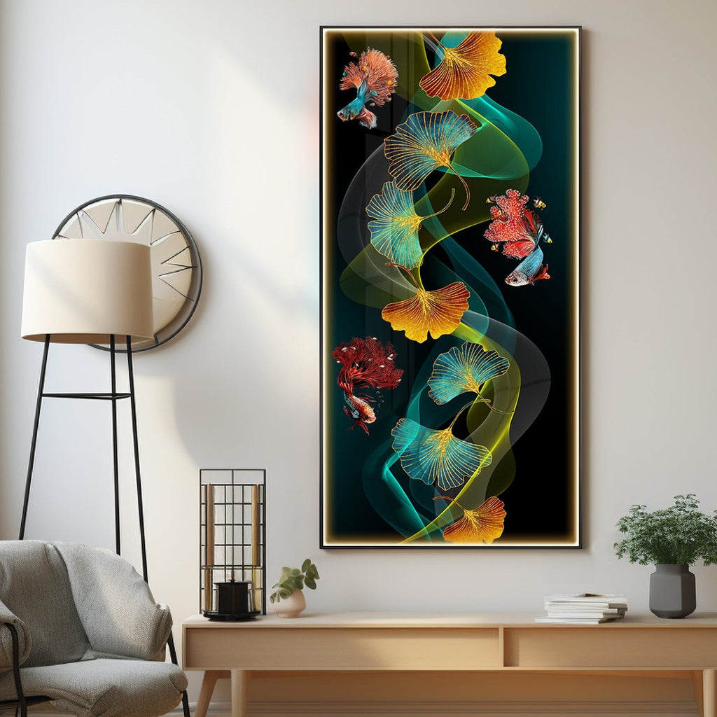 Elegant Abstract Nature Acrylic Wall Painting with Colorful Leaves and Fish