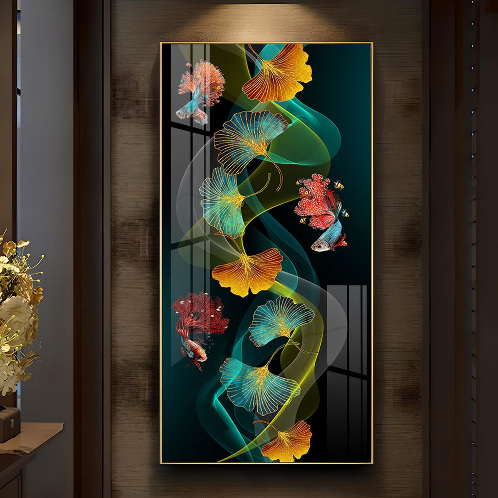 Elegant Abstract Nature Acrylic Wall Painting with Colorful Leaves and Fish
