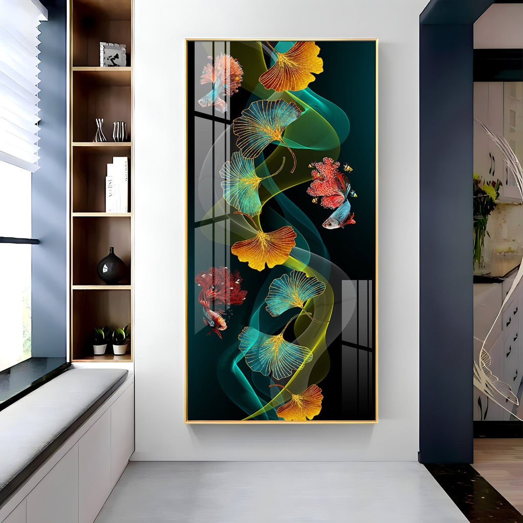 Elegant Abstract Nature Acrylic Wall Painting with Colorful Leaves and Fish