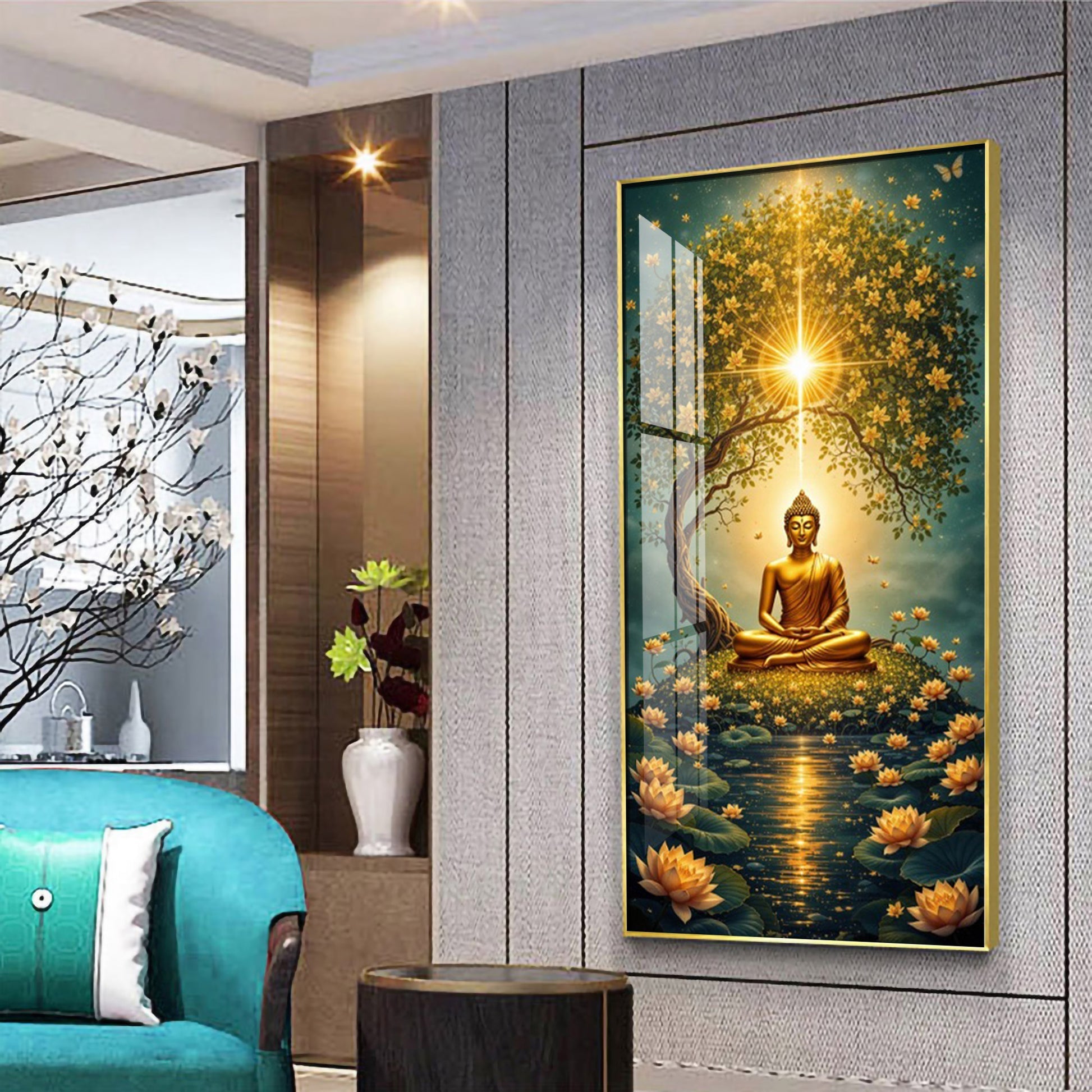 Elegant Mindfulness Acrylic Wall Painting with Golden Glow Design