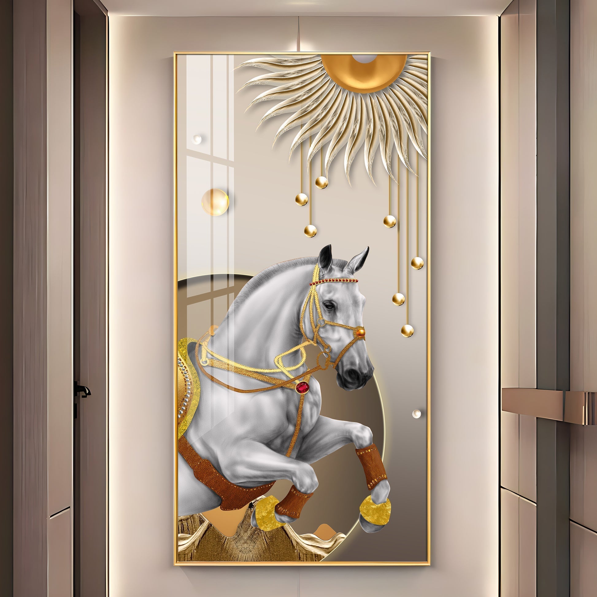 Royal White Horse Acrylic Wall Painting with Golden Sun Elegance