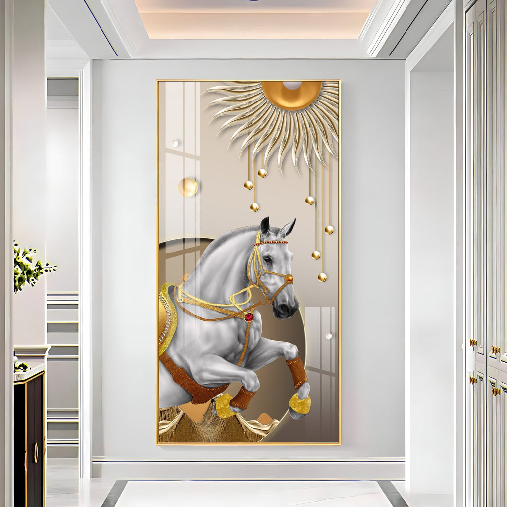 Royal White Horse Acrylic Wall Painting with Golden Sun Elegance