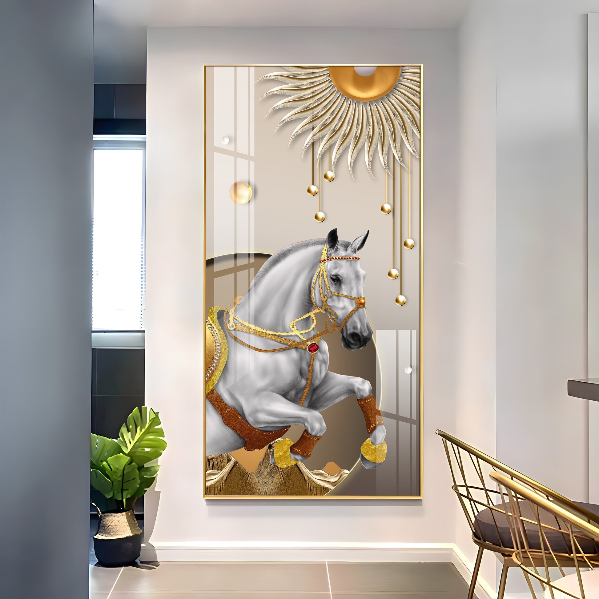 Royal White Horse Acrylic Wall Painting with Golden Sun Elegance