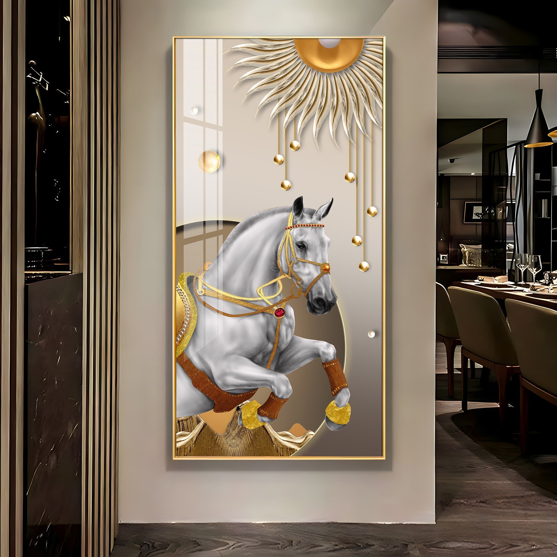 Royal White Horse Acrylic Wall Painting with Golden Sun Elegance