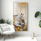 Royal White Horse Acrylic Wall Painting with Golden Sun Elegance