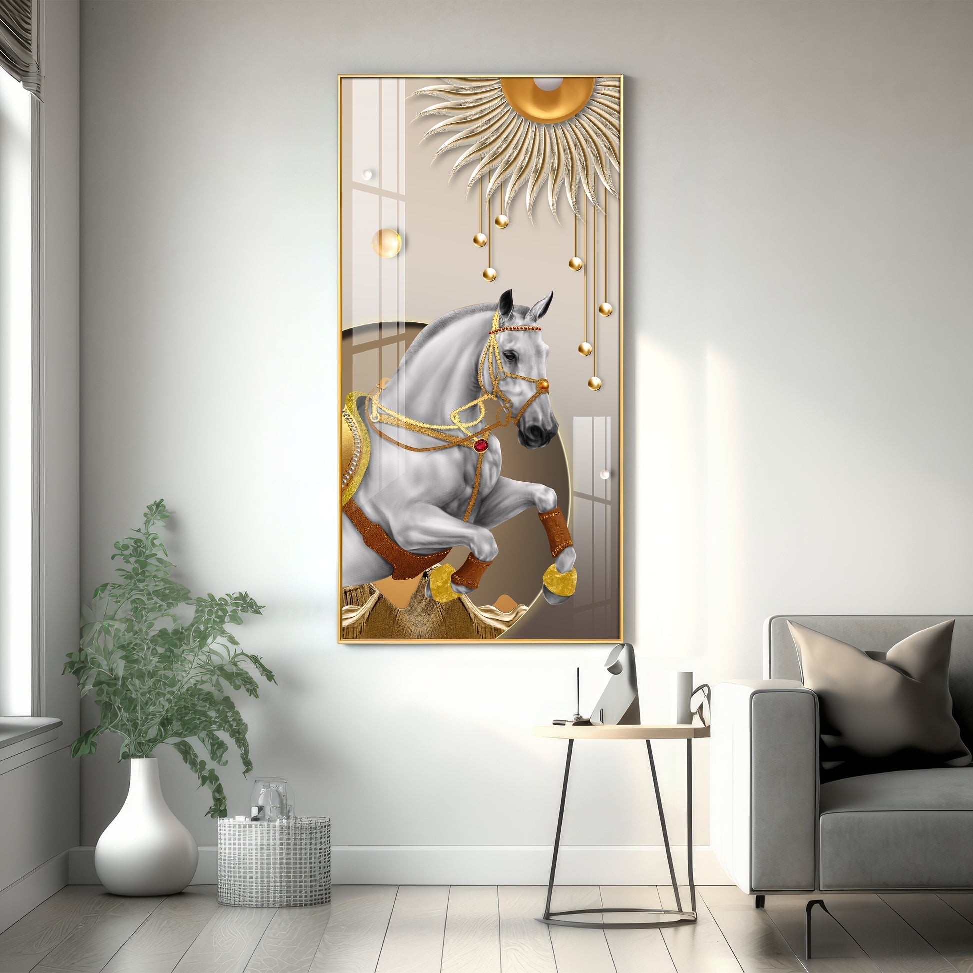 Royal White Horse Acrylic Wall Painting with Golden Sun Elegance