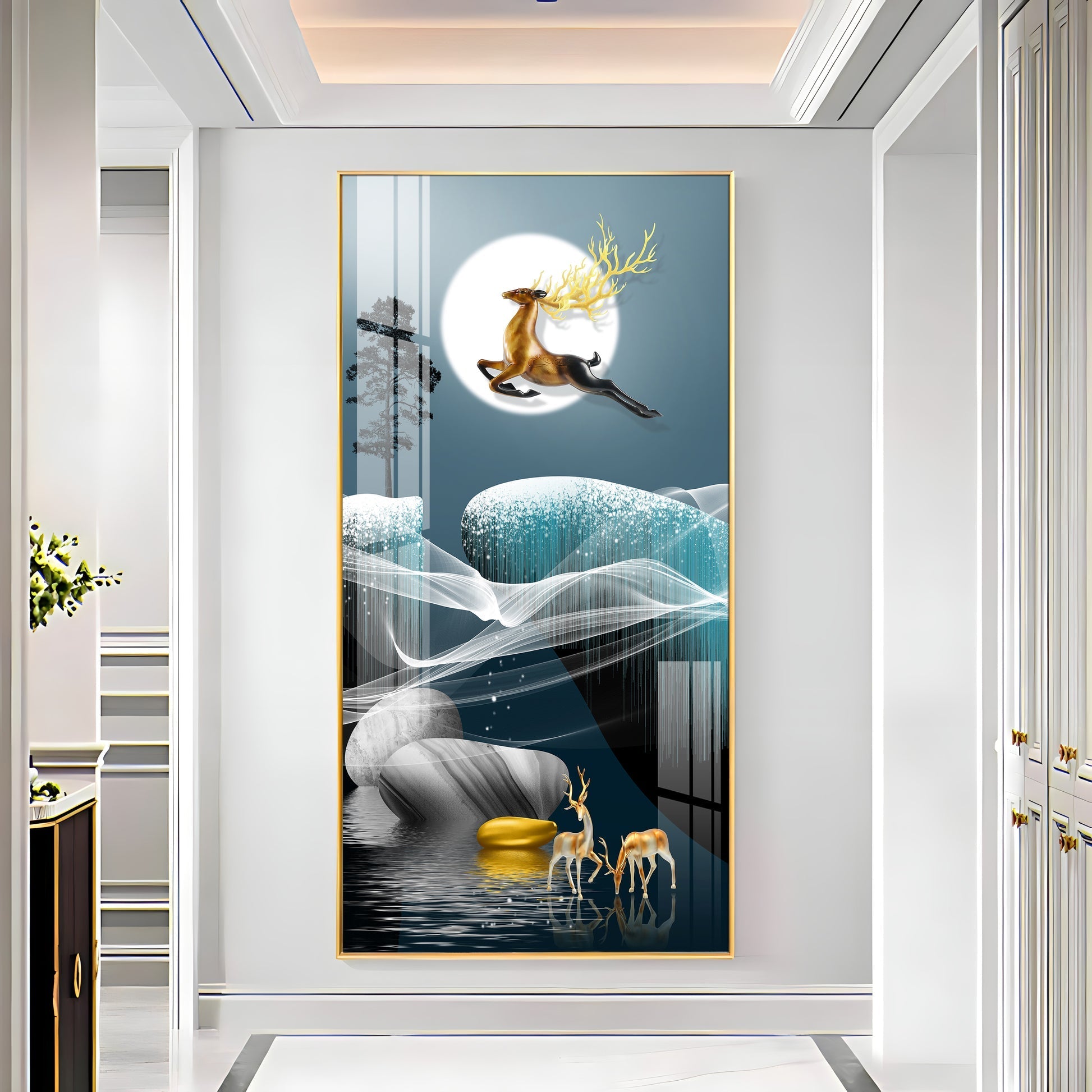 Elegant Golden Deer Acrylic Wall Painting with Moonlight Landscape