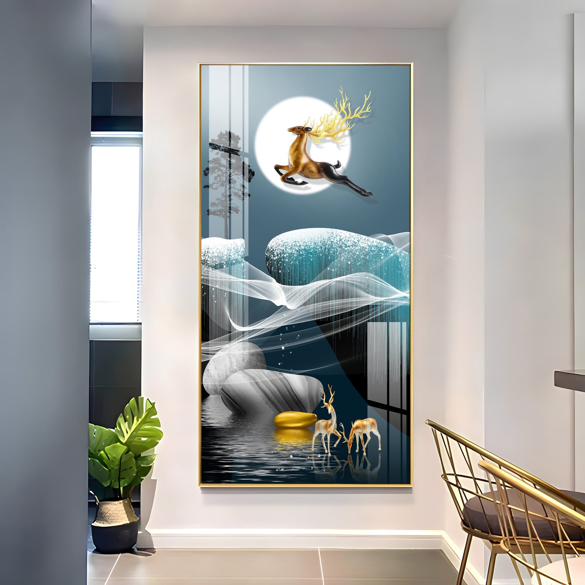 Elegant Golden Deer Acrylic Wall Painting with Moonlight Landscape