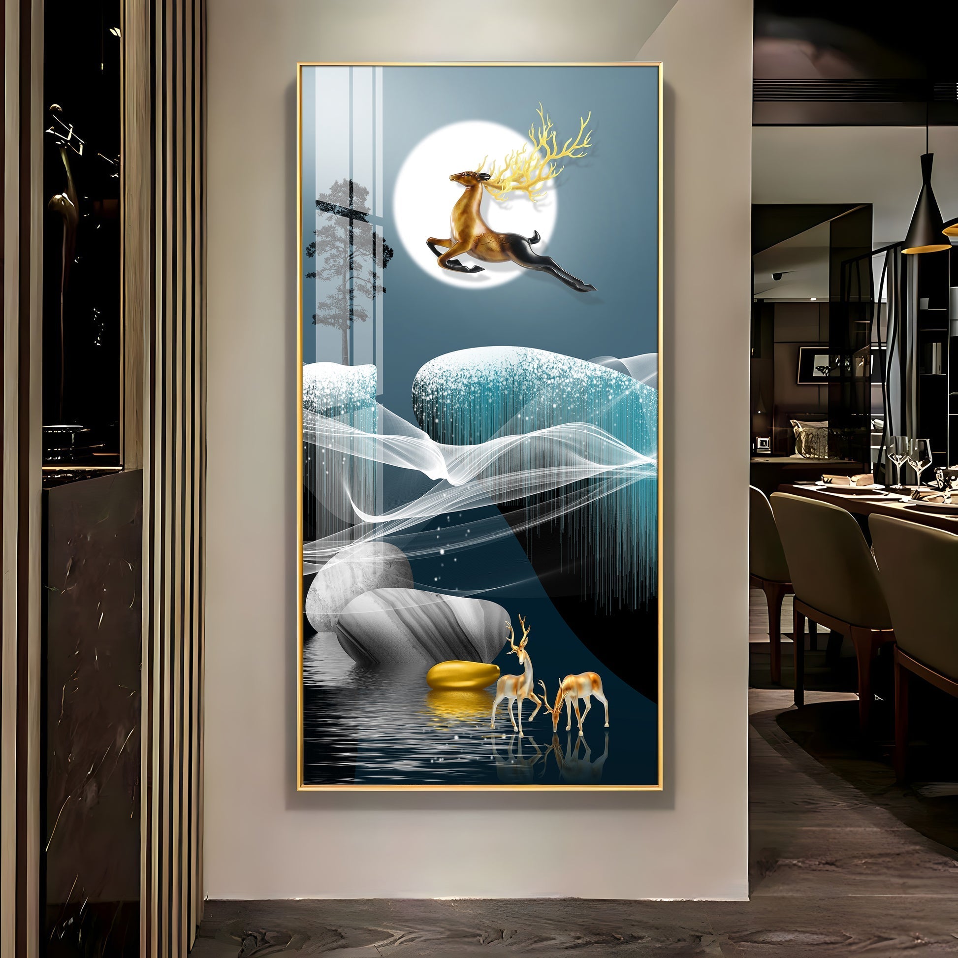 Elegant Golden Deer Acrylic Wall Painting with Moonlight Landscape