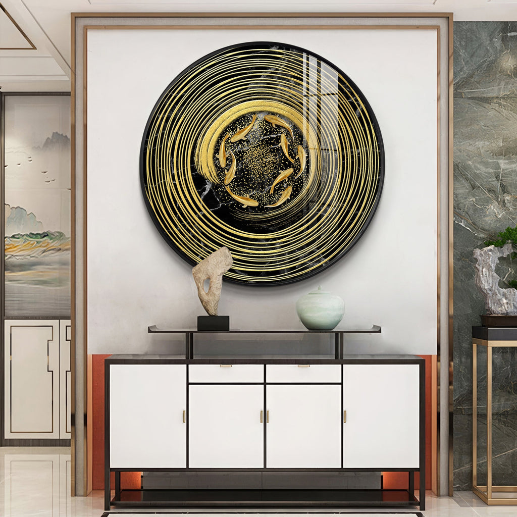 Premium Marble Texture Gold Ring Fish Art acrylic wall painting