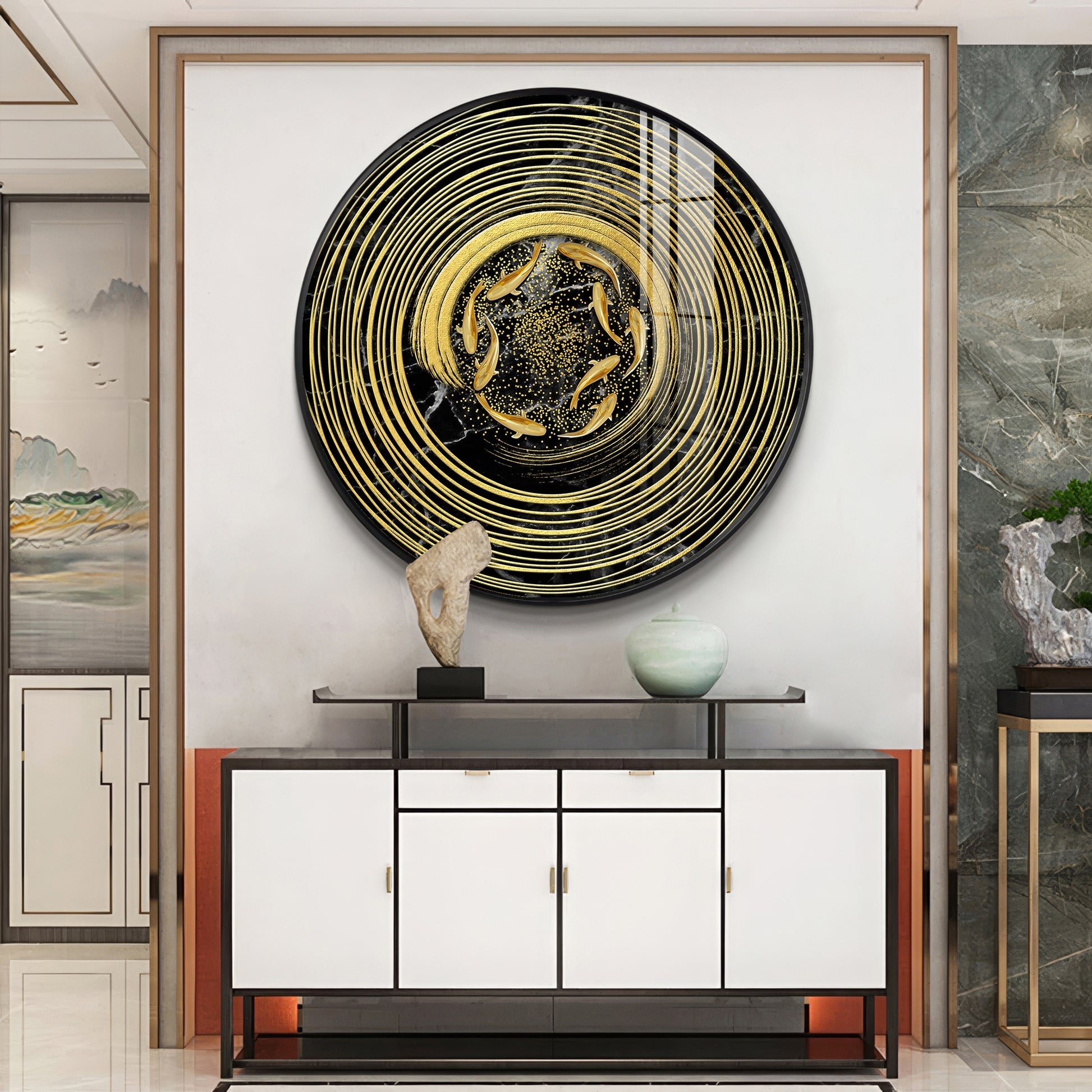 Premium Marble Texture Gold Ring Fish Art acrylic wall painting
