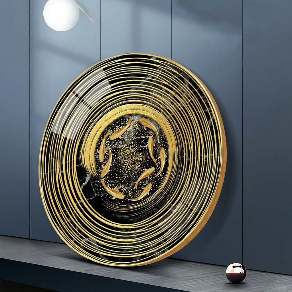 Premium Marble Texture Gold Ring Fish Art acrylic wall painting