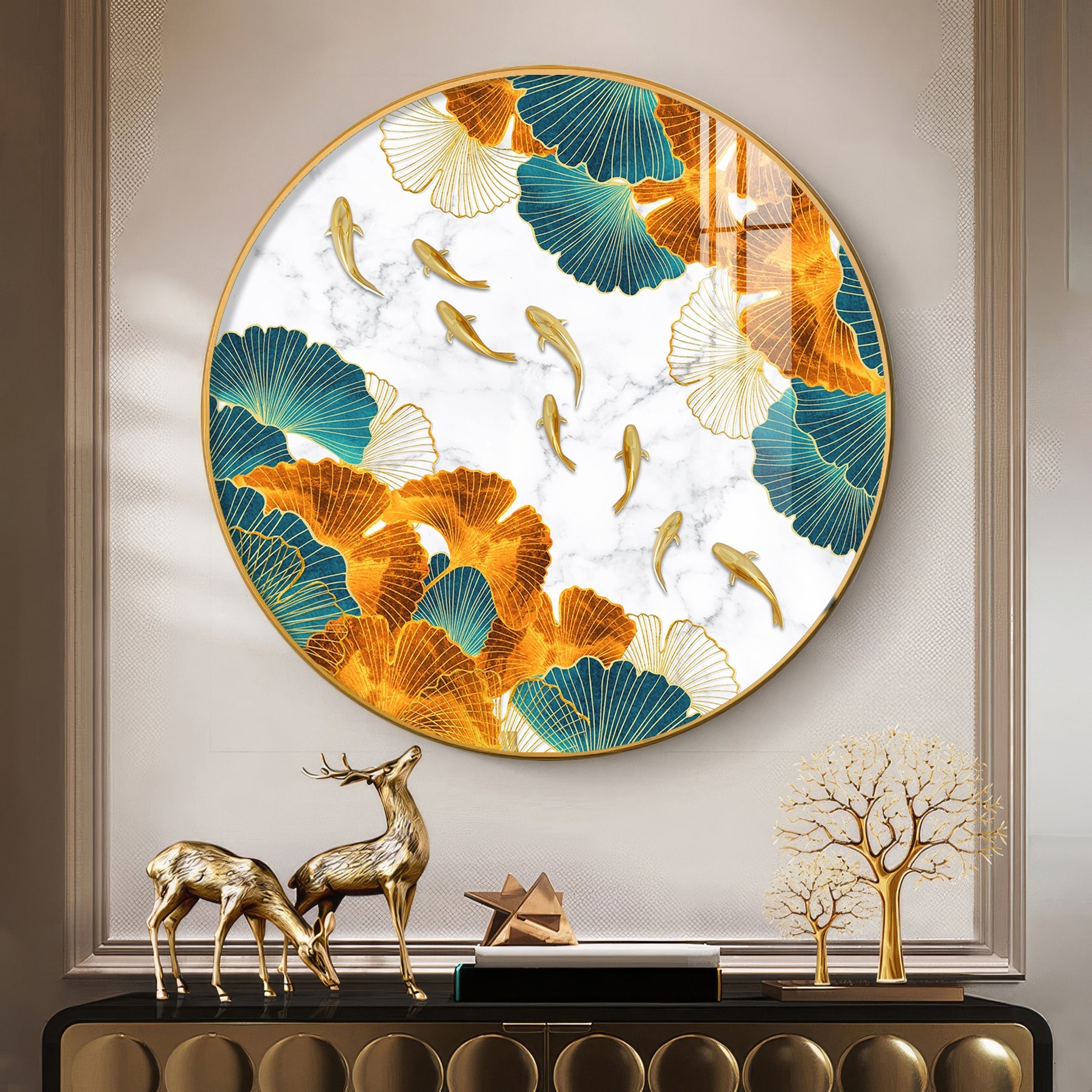 Premium Circular Nature Inspired Koi Fish Artwork acrylic wall painting