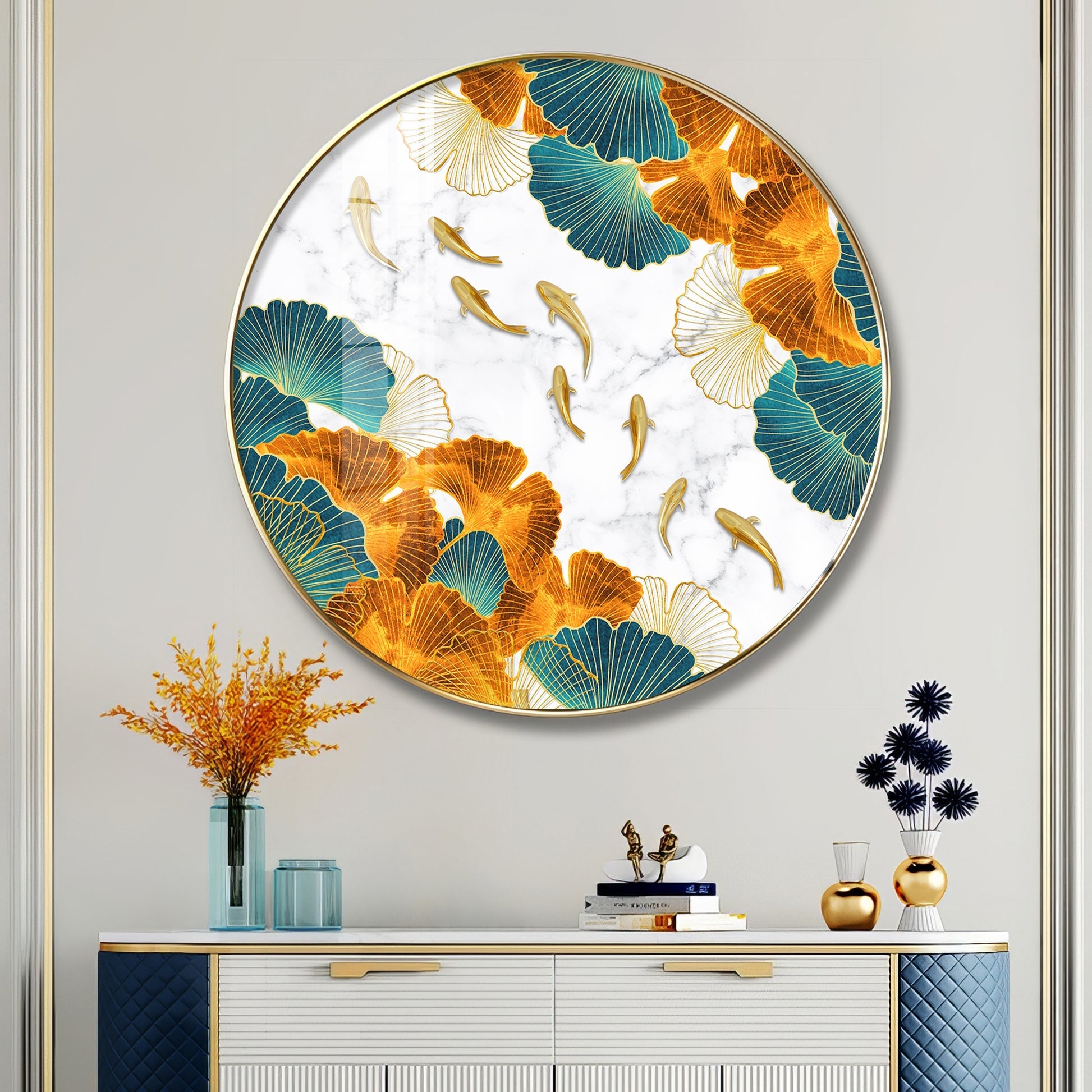 Premium Circular Nature Inspired Koi Fish Artwork acrylic wall painting