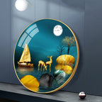 Luxury Golden Deer & Sailboat Moonlight Scene acrylic wall painting