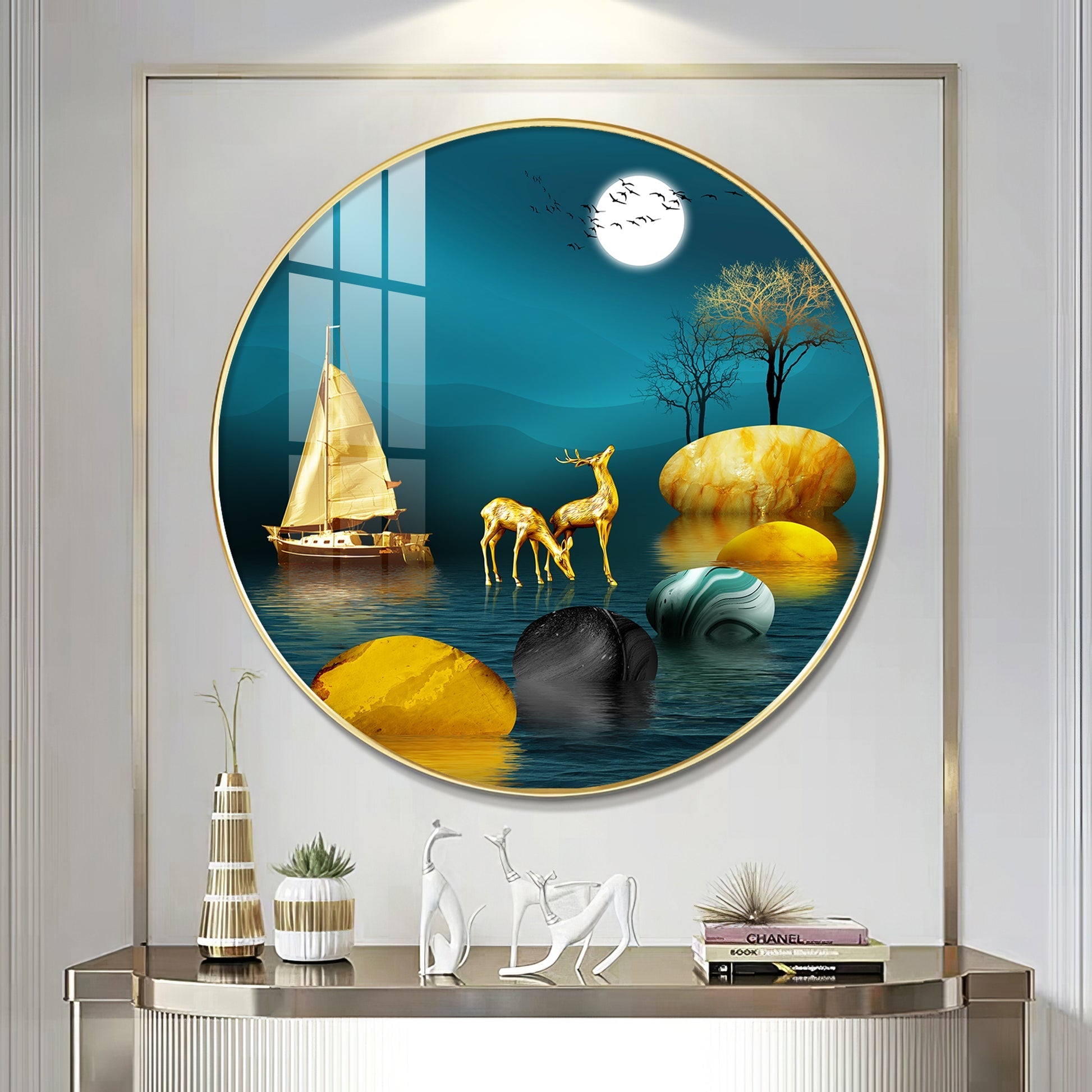 Luxury Golden Deer & Sailboat Moonlight Scene acrylic wall painting