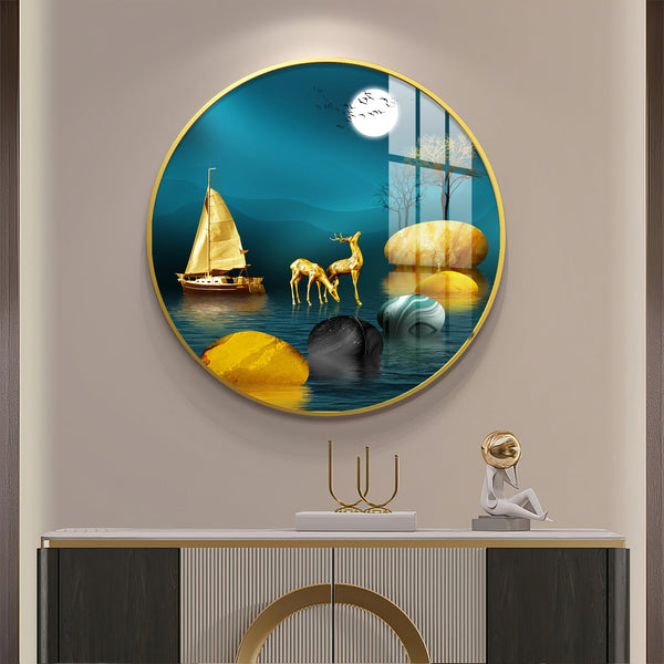 Luxury Golden Deer & Sailboat Moonlight Scene acrylic wall painting