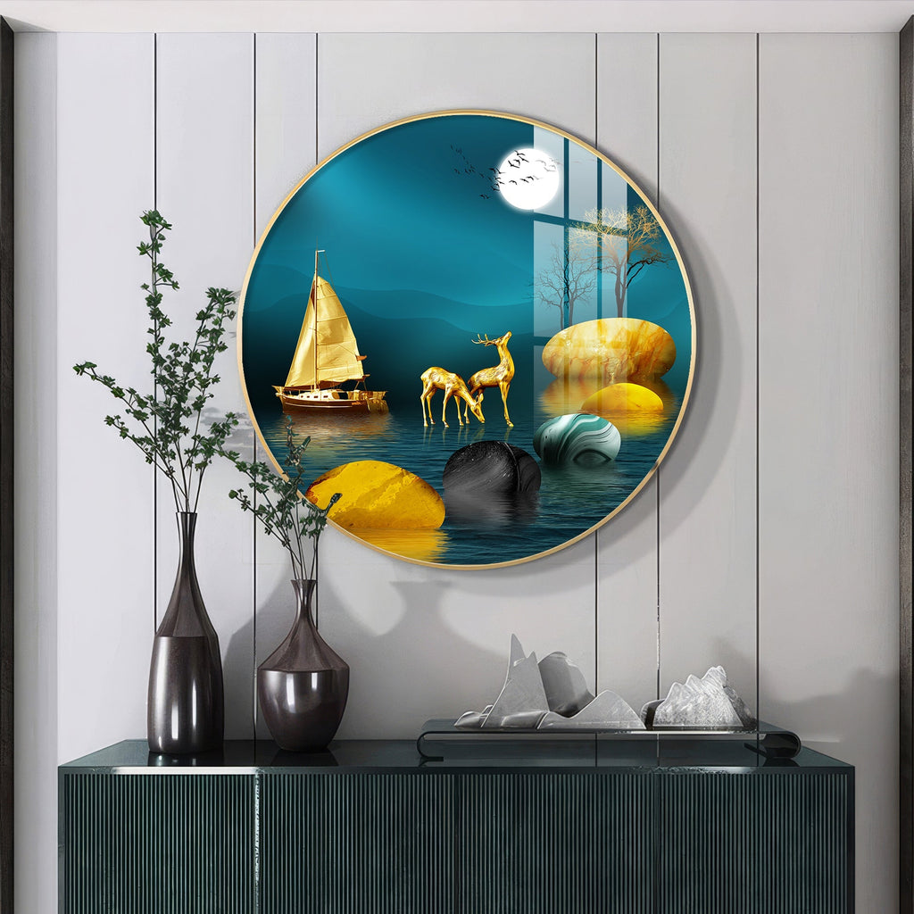 Luxury Golden Deer & Sailboat Moonlight Scene acrylic wall painting