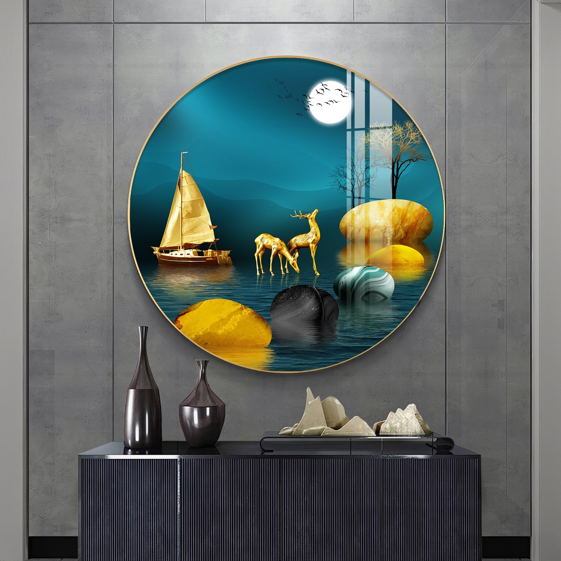 Luxury Golden Deer & Sailboat Moonlight Scene acrylic wall painting