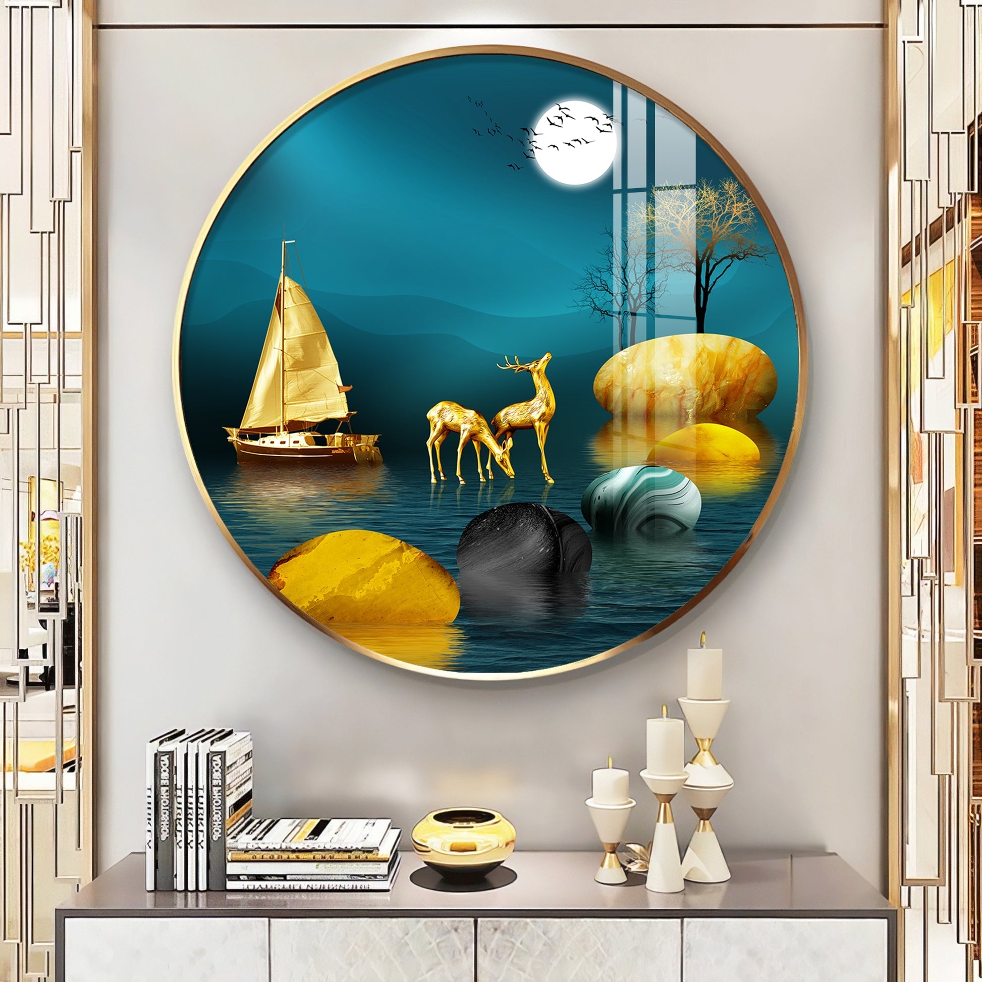 Luxury Golden Deer & Sailboat Moonlight Scene acrylic wall painting