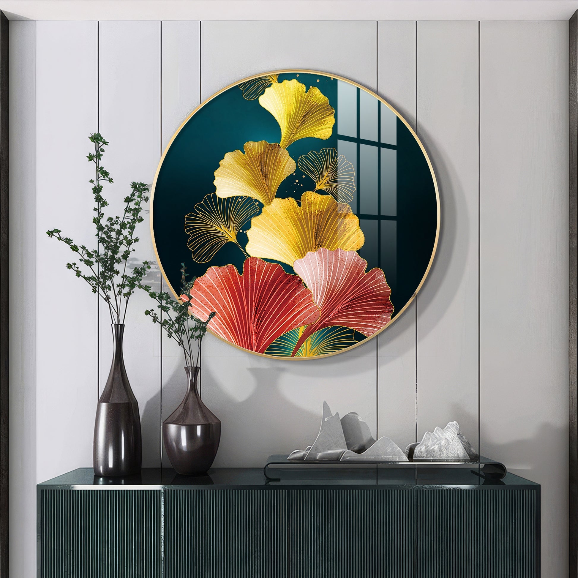 Designer Circular Golden Leaf Abstract acrylic wall painting