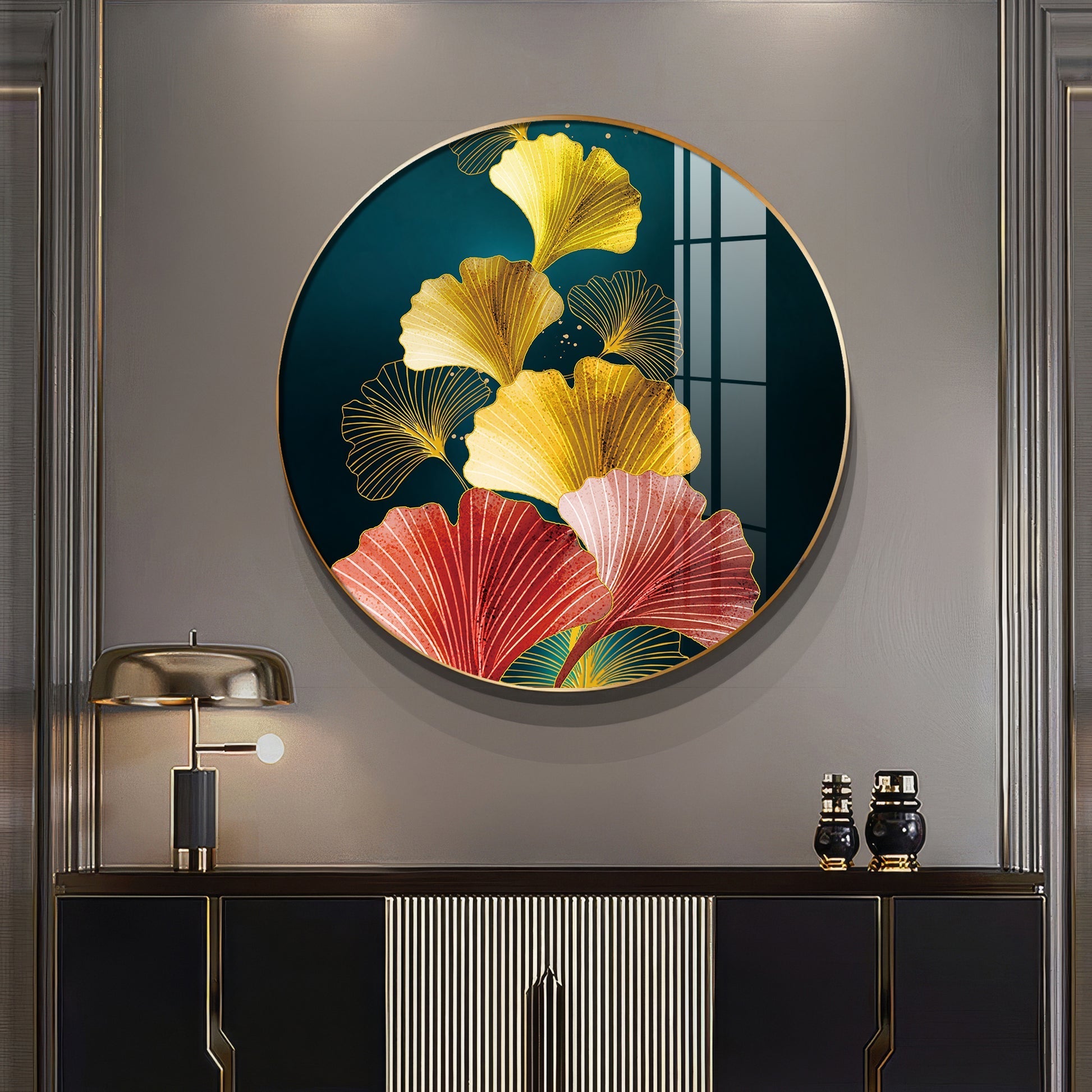 Designer Circular Golden Leaf Abstract acrylic wall painting