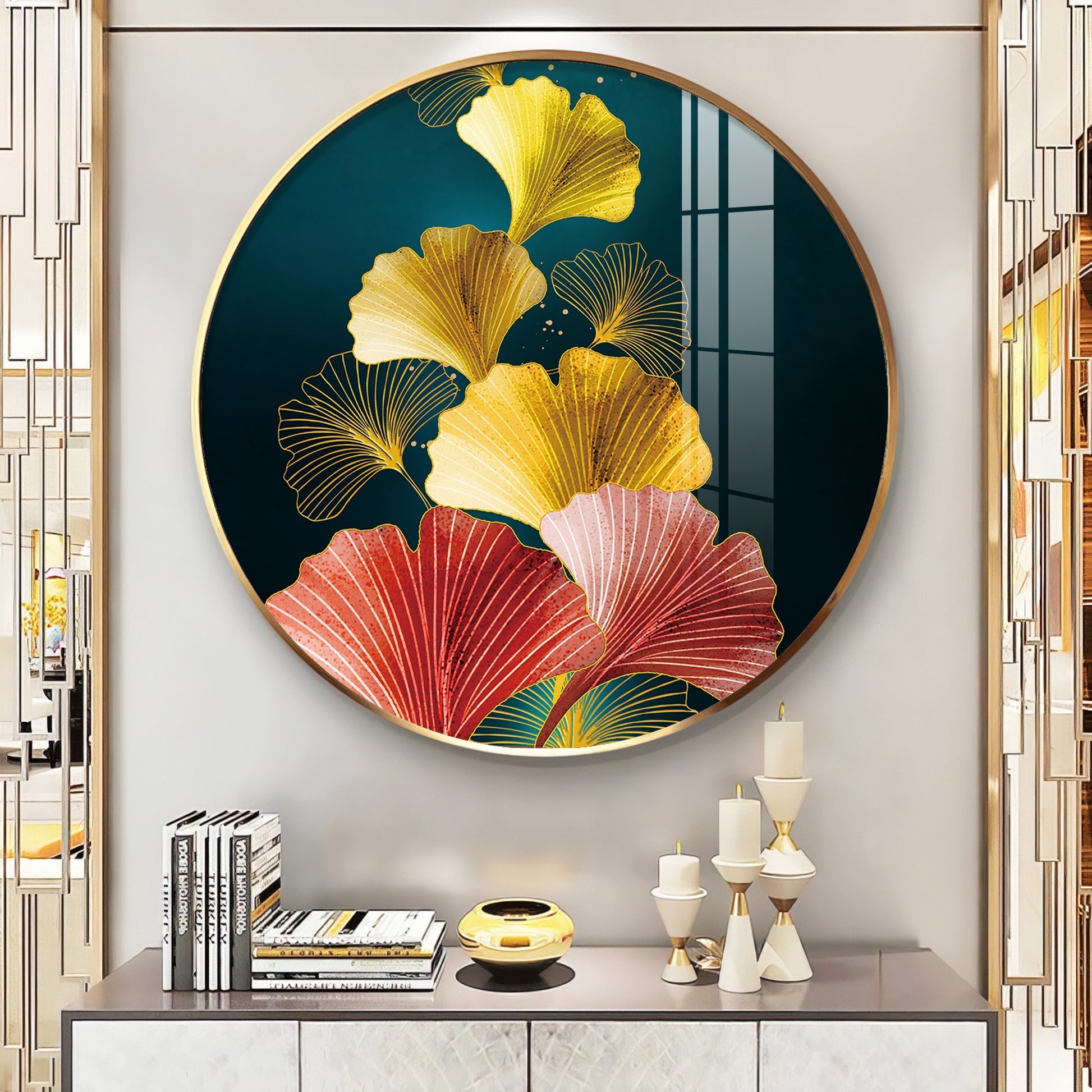Designer Circular Golden Leaf Abstract acrylic wall painting
