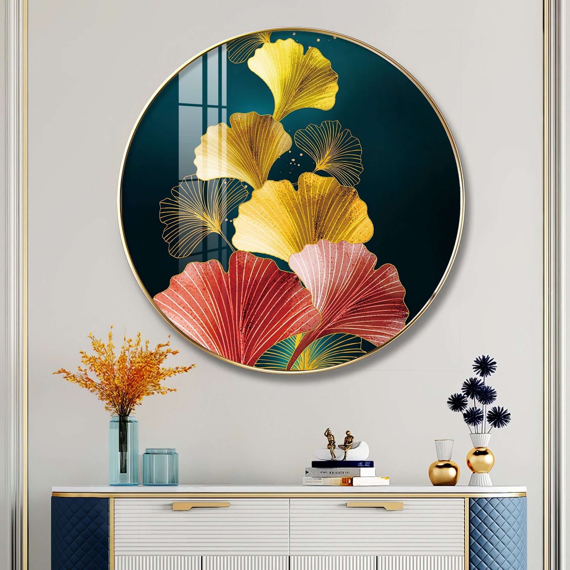 Designer Circular Golden Leaf Abstract acrylic wall painting