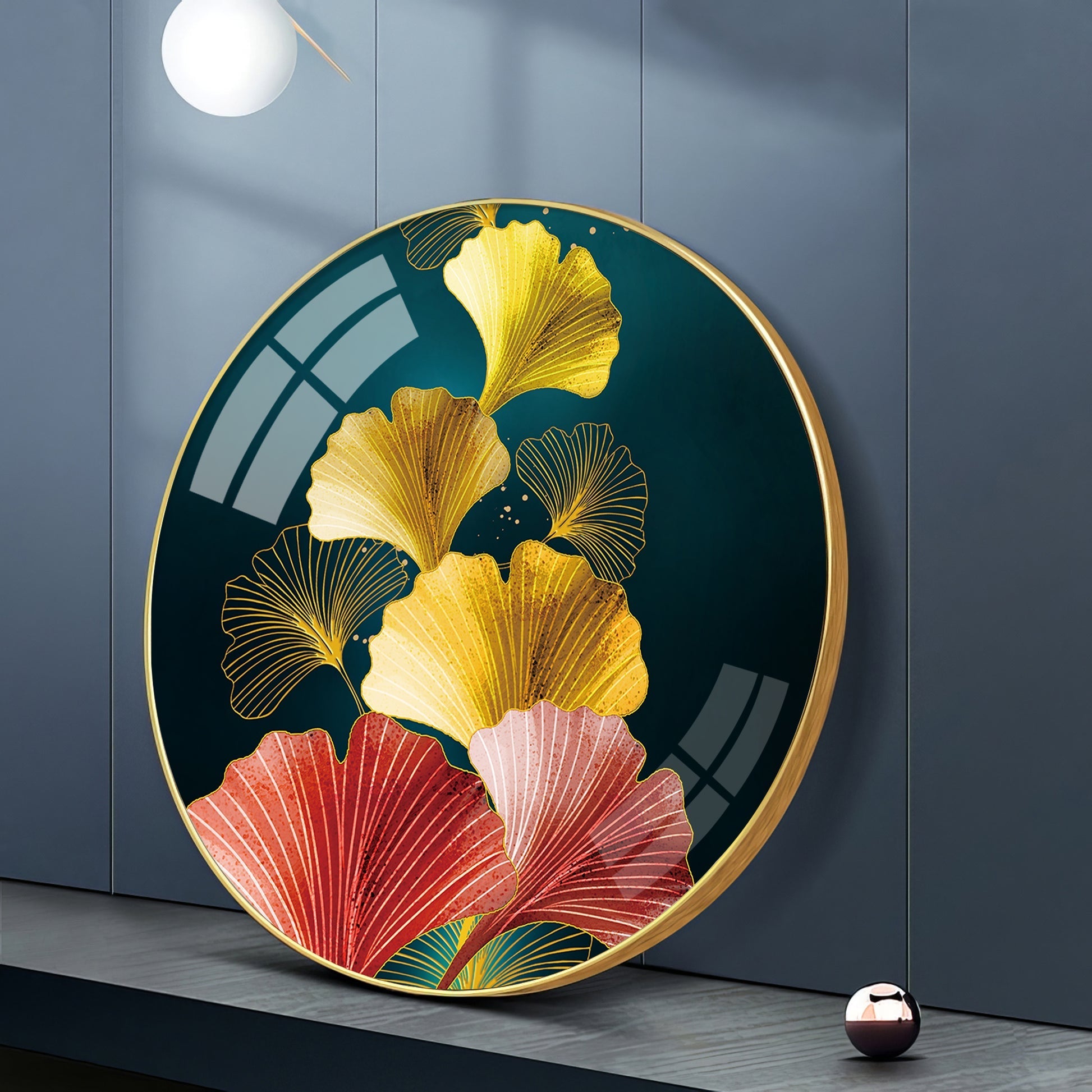 Designer Circular Golden Leaf Abstract acrylic wall painting