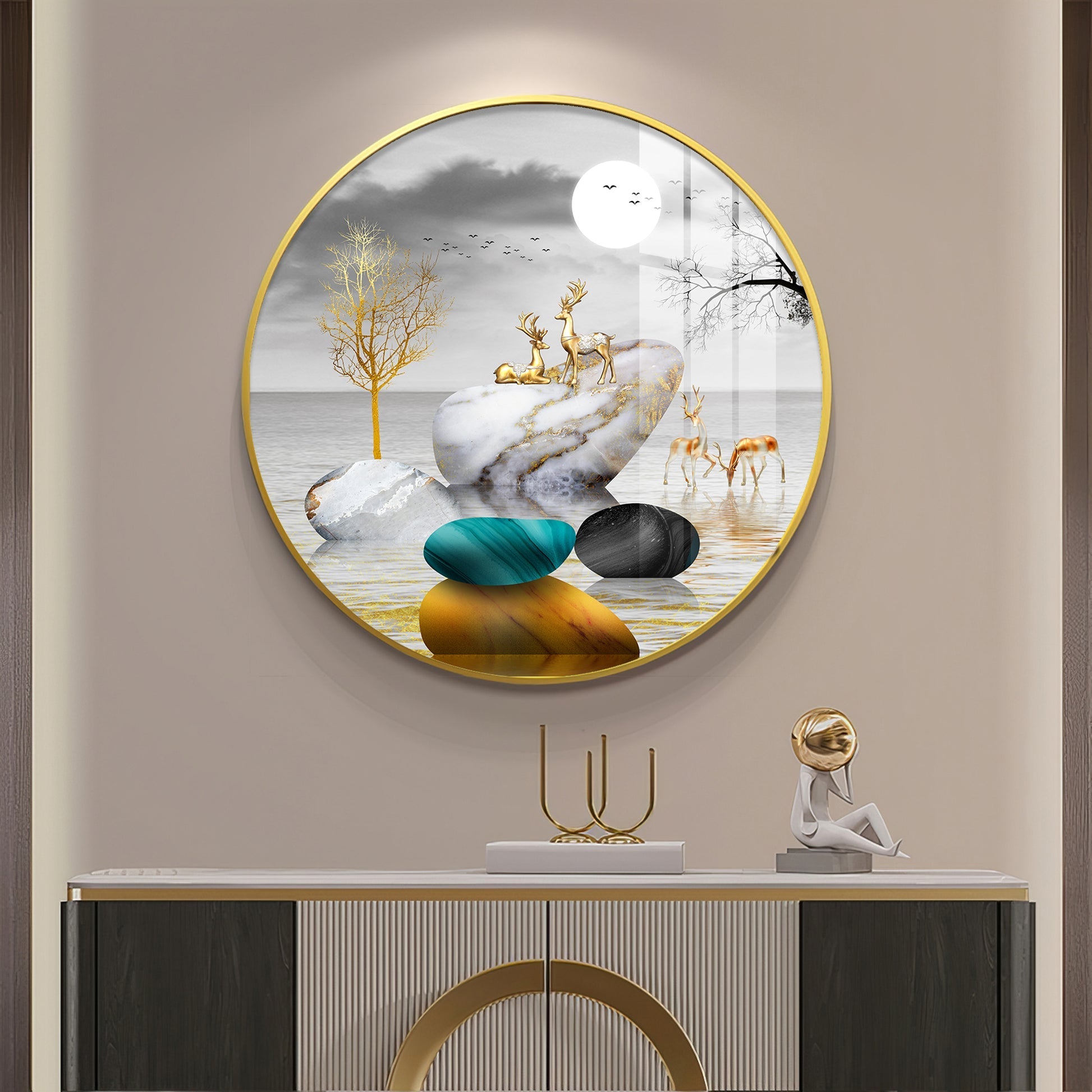Modern Abstract Stone & Deer Art Circle Frame acrylic wall painting