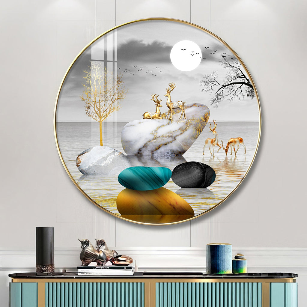 Modern Abstract Stone & Deer Art Circle Frame acrylic wall painting