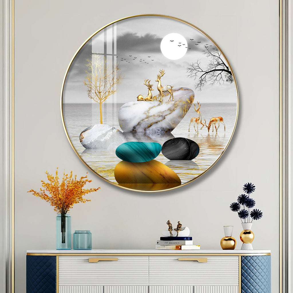 Modern Abstract Stone & Deer Art Circle Frame acrylic wall painting