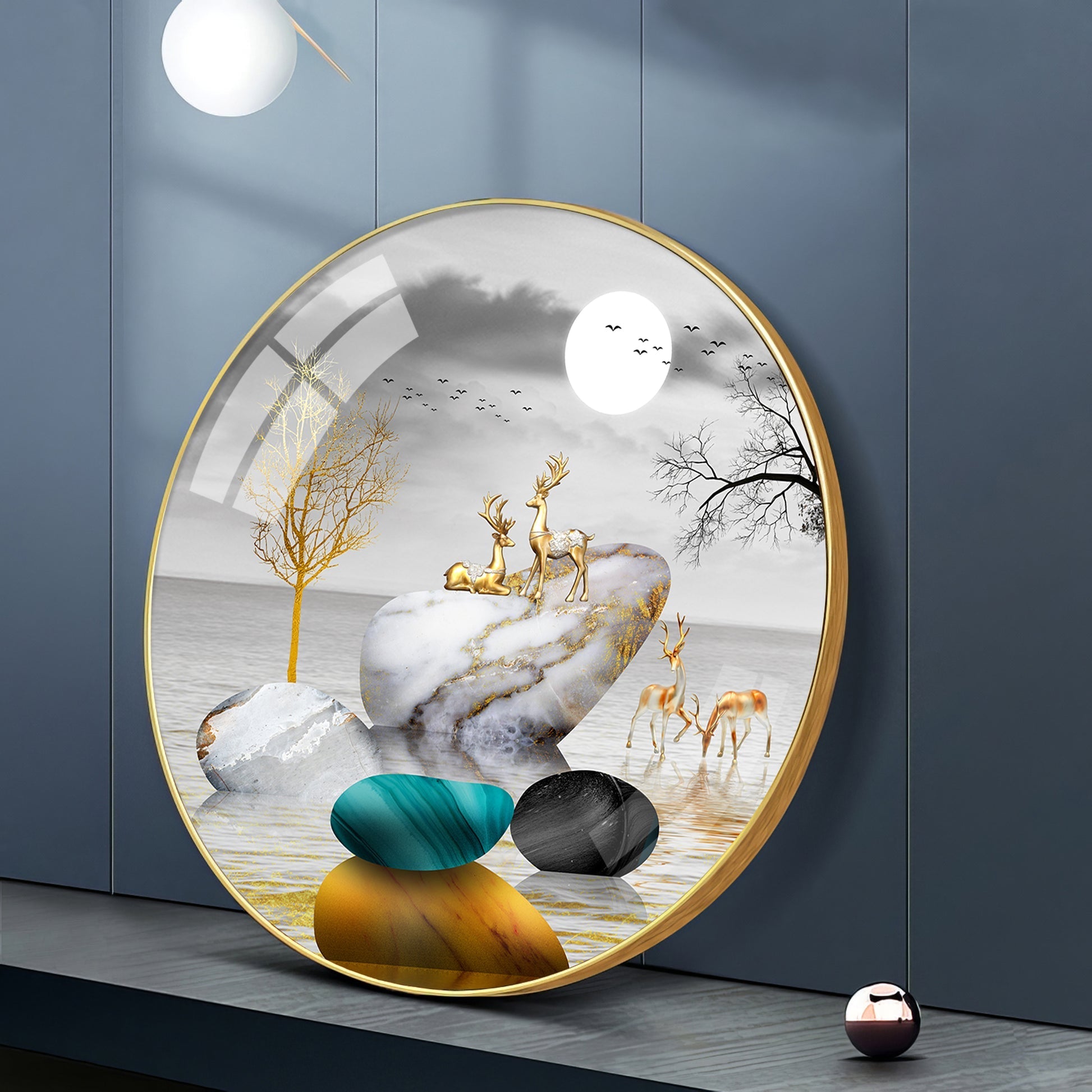 Modern Abstract Stone & Deer Art Circle Frame acrylic wall painting