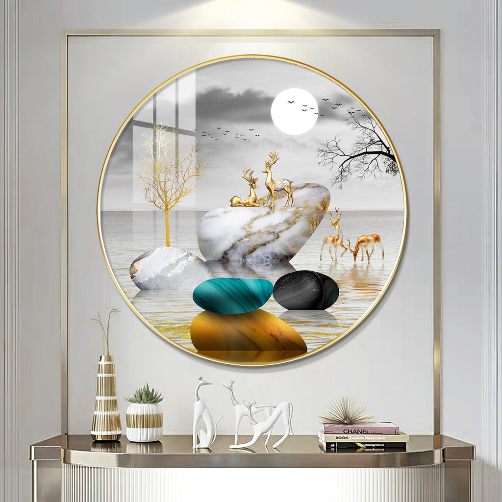 Modern Abstract Stone & Deer Art Circle Frame acrylic wall painting